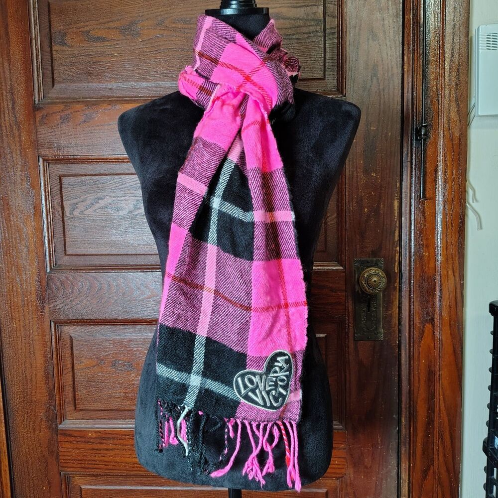 Victoria’s Secret Love Victoria Plaid Scarf Pink Black Silver 12” X 83”